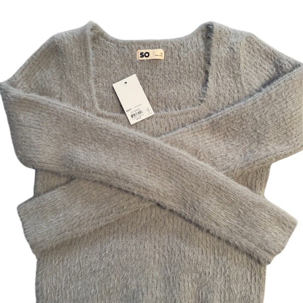 SO Sweater Womens Size M Cloud Gray Fuzzy Soft V-Neck Long Sleeve Pullover